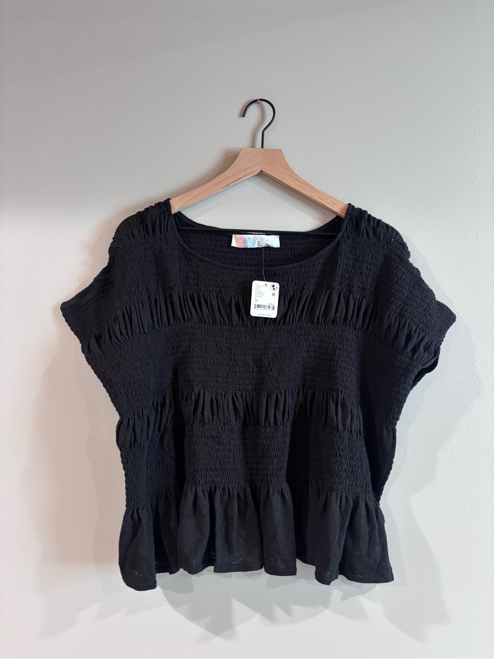 Free People Beach Black Smocked Peplum Short Sleeve Top Medium Women